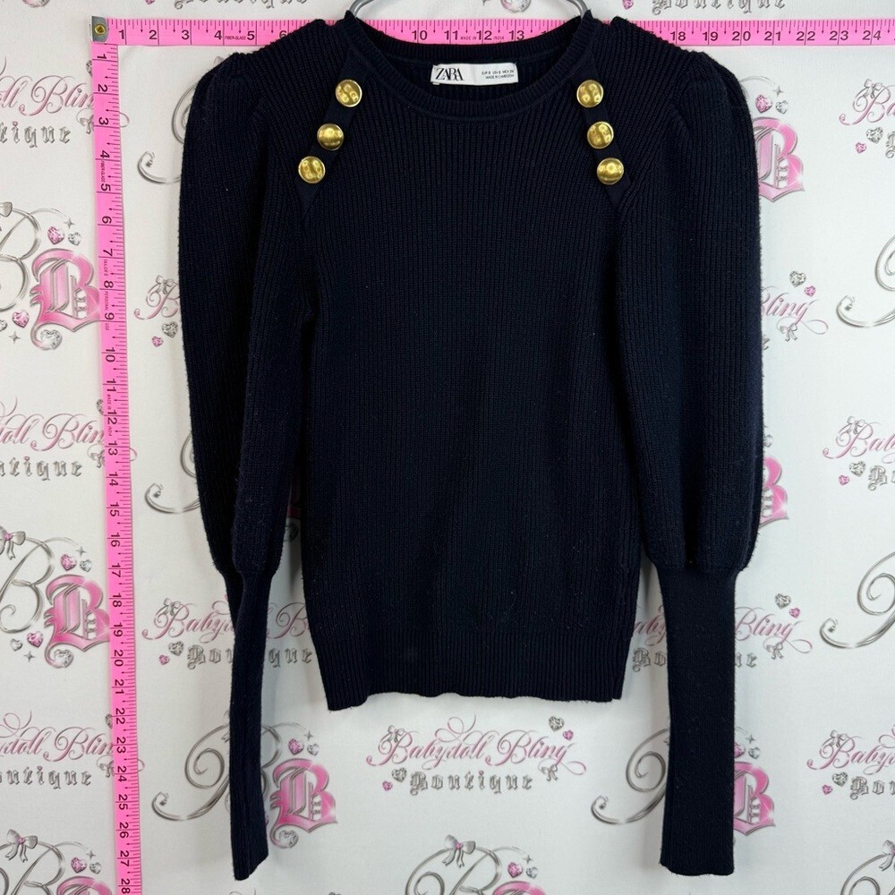 Zara sweater nautical military style gold Navy Ribbed Sweater with Gold Buttons